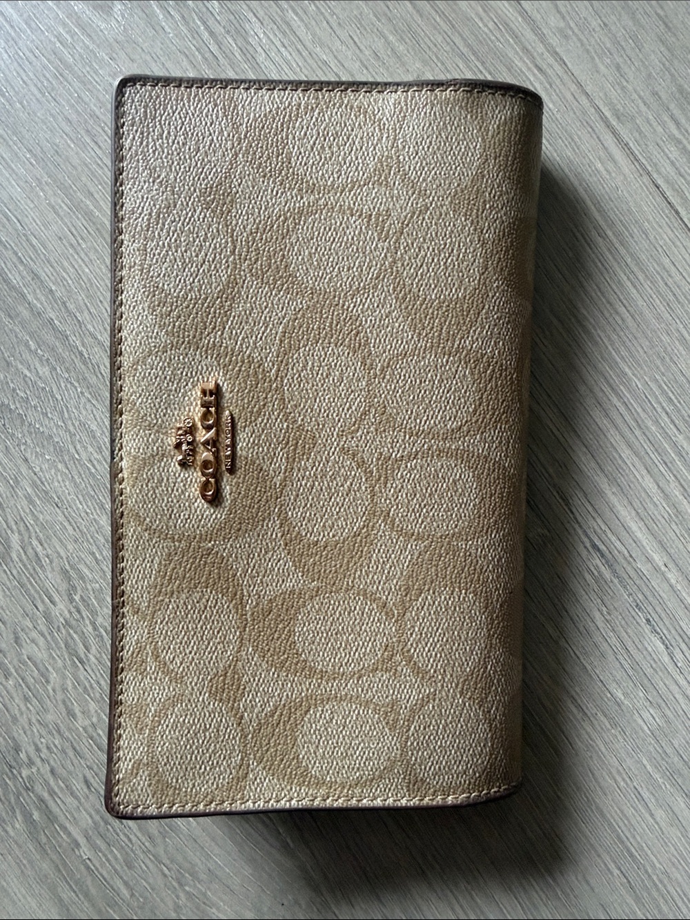 Coach Tan Signature Continental Wallet with Gold Logo